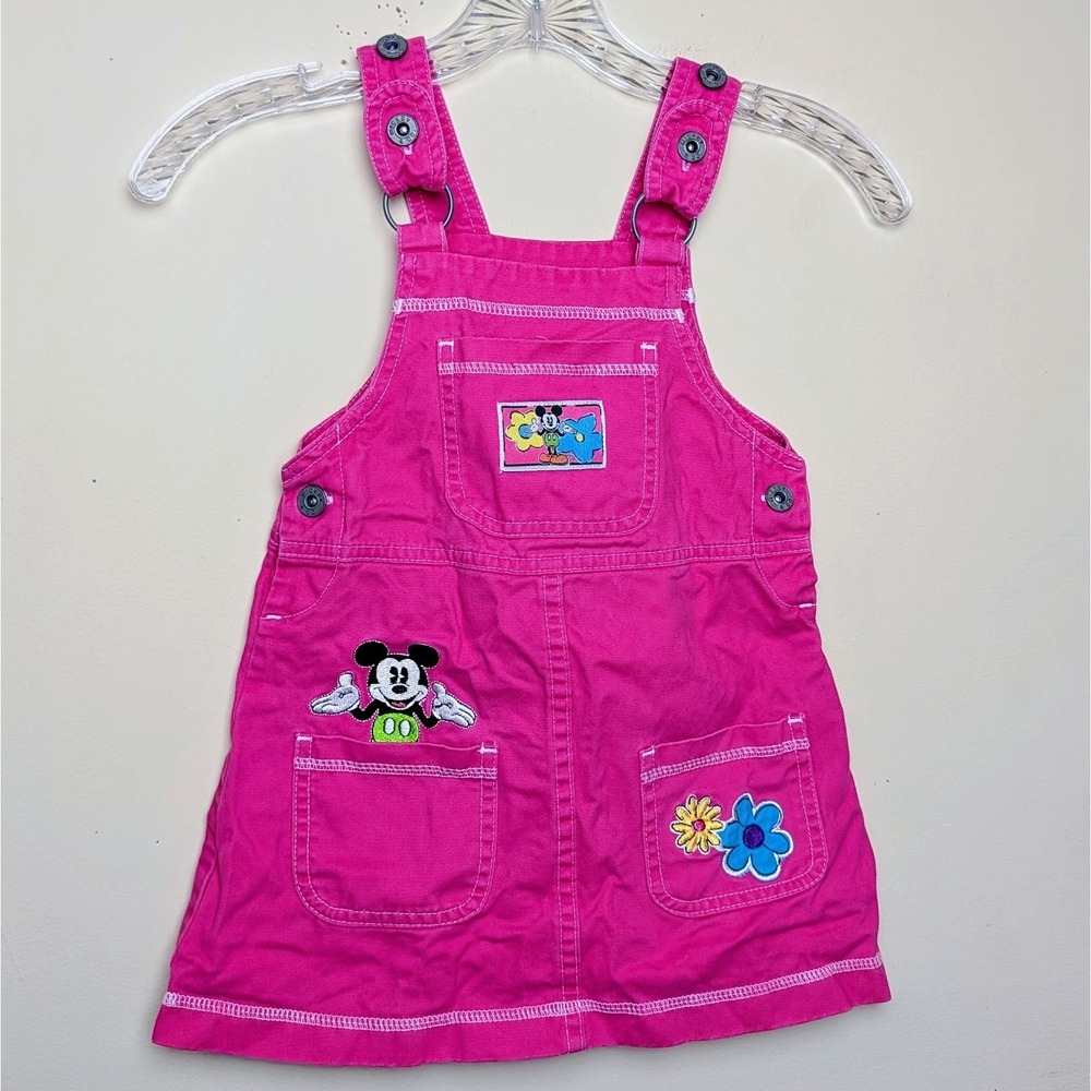 VTG Minnie Mouse Mickey & Co Bright Pink Skirtall Denim Overalls Dress Size 5-6